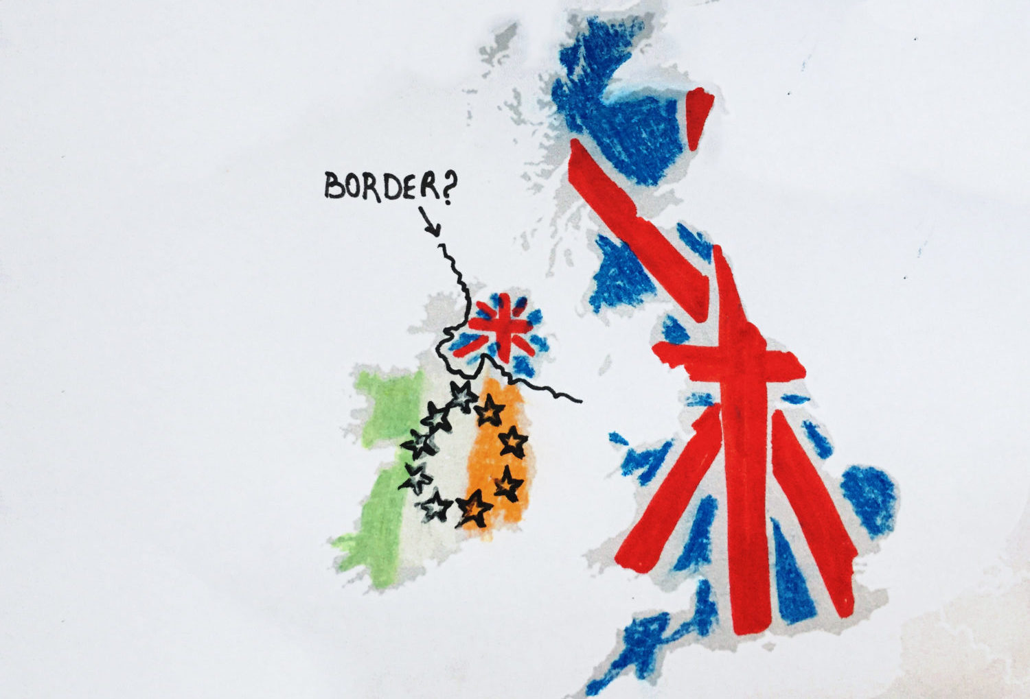 Handdrawn map of Ireland and Northern Ireland with the border